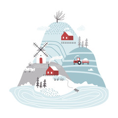 Scandinavian winter landscape. Hand drawn vector abstract scandinavian graphic illustration with houses, trees and hills. Cute landscape.