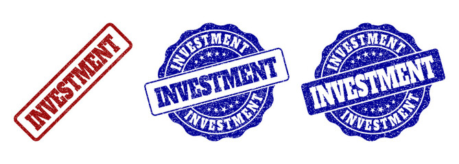 INVESTMENT grunge stamp seals in red and blue colors. Vector INVESTMENT labels with grunge surface. Graphic elements are rounded rectangles, rosettes, circles and text captions.
