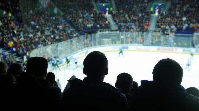 A group of silhouettes of young people watching hockey match