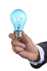 Hand holding light bulb.
