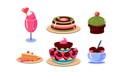 Flat vector set of various tasty desserts. Jelly, cakes, ice-cream and muffin. Sweet food theme. Cartoon vector design