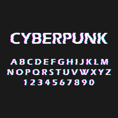 Glitch font. Distorted, malfunction font. Style cyberpunk. Letters and numbers. - 236935907