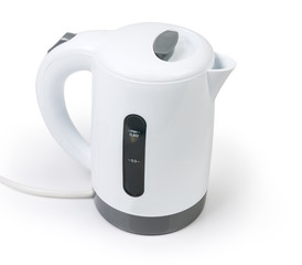 Small white plastic electric kettle on a white background