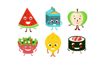 Flat vector set of food and drink characters. Humanized fruits, sushi roll, bowl of salad and pack of milk