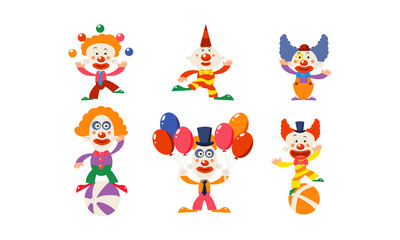 Set of funny clowns in different actions. Cartoon characters of circus artists. Flat vector for advertising poster or banner