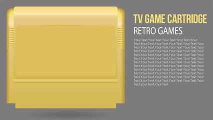 Vector illustration of isolated realistic retro TV Game cartridge in yellow plastic case. Old school gaming. Vintage hipster technology. Classic. 80's, 90's. For logo, icon, retro party, print.