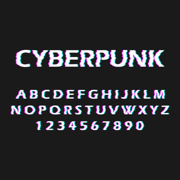Glitch font. Distorted, malfunction font. Style cyberpunk. Letters and numbers.