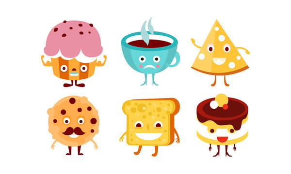 Flat vector set of funny food and drink characters. Humanized sweets and cup of coffee. Cartoon vector design
