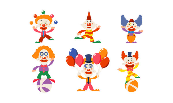 Set of funny clowns in different actions. Cartoon characters of circus artists. Flat vector for advertising poster or banner