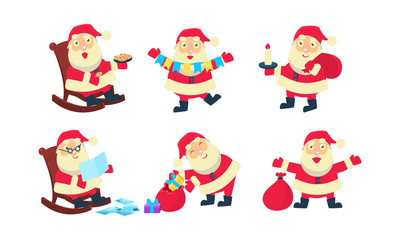 Flat vector set of Santa Claus in different actions. Bag with Christmas gifts, letters, sweet cookies, colorful garland