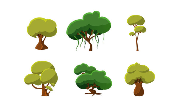 Flat vector set of green trees. Natural landscape elements. Cartoon design for computer or mobile game