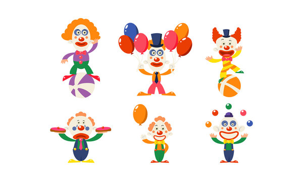 Flat vector set of funny clowns in actions. Cartoon circus artists showing different performances