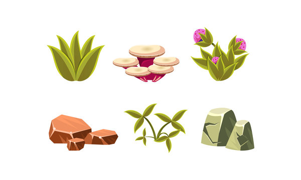 Set of natural landscape elements. Green grass, stones, mushroom and flowers. Flat vector design for mobile game