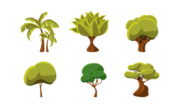 Set of green trees. Natural landscape elements. Flat vector design for mobile game or children book