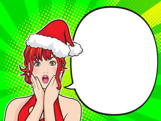 Cute santa woman showing wow with comic bubble