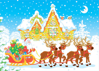 The night before Christmas, Santa Claus with a big bag of Christmas presents in his sleigh with reindeers beginning the magic journey around the world, vector illustration in a cartoon style