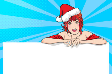 pretty santa woman showing empty banner