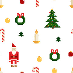Fototapeta na wymiar Colorful Pixel Pattern with Christmas Elements. Atcade games style