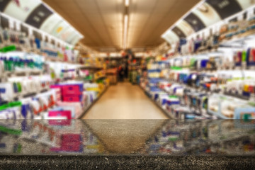 Desk of free space and shop interior 