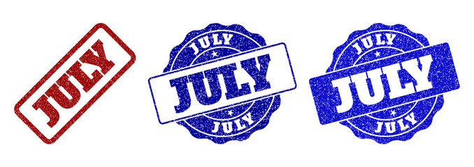 JULY grunge stamp seals in red and blue colors. Vector JULY signs with grunge surface. Graphic elements are rounded rectangles, rosettes, circles and text titles. Designed for rubber stamp imitations.