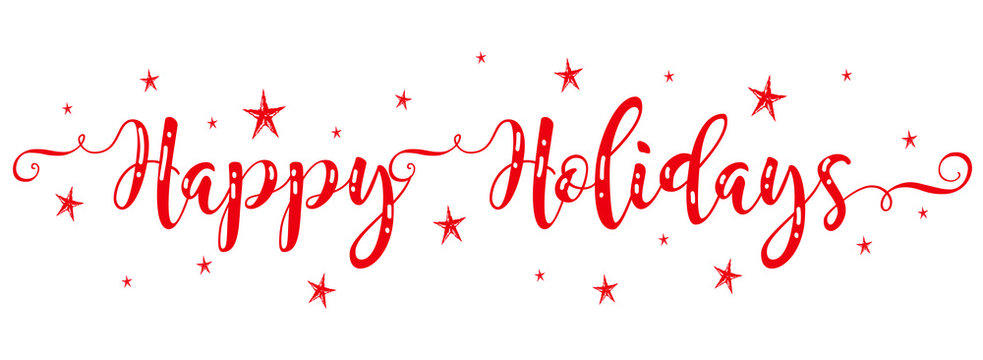 Happy Holidays vector brush calligraphy banner with stars snowflakes red color