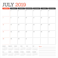 July 2019 desk calendar vector illustration