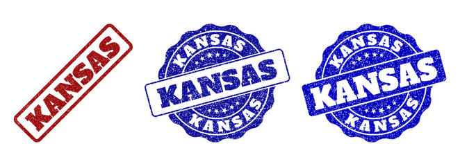 KANSAS grunge stamp seals in red and blue colors. Vector KANSAS labels with grainy surface. Graphic elements are rounded rectangles, rosettes, circles and text labels.