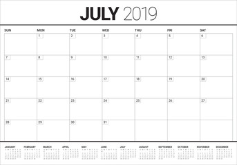 July 2019 desk calendar vector illustration