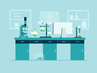 Scientist in laboratory flat vector concept with woman making research.