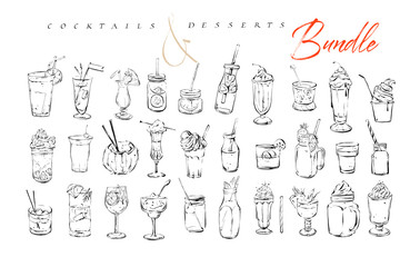Hand drawn vector graphic textured artistic bar menu ink collection set sketch illustrations drawing bundle of alcohol and sweet desserts cocktails drinks in glass isolated on white background