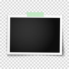 Realistic vector photo frame with straight edges on sticky tape placed horizontally. Template photo design.