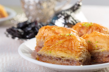 Handmade baklava, traditional turkish pastry close up