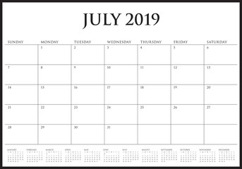 July 2019 desk calendar vector illustration