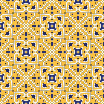 Portuguese tile pattern vector with yellow ornaments. Portugal azulejos, mexican talavera, spanish or italian sicily majolica. Ceramic texture for kitchen mosaic wall or bathroom flooring background.