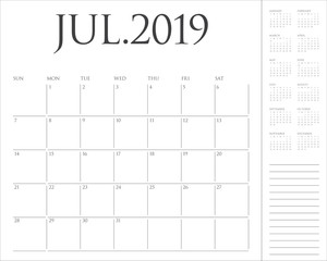 July 2019 desk calendar vector illustration