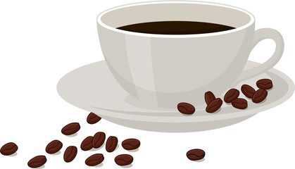 Coffee with coffee beans in a white cup on white background.