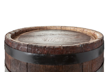 Wooden barrel with iron rings. Isolated on white background.