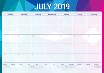 July 2019 desk calendar vector illustration