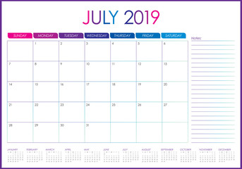 July 2019 desk calendar vector illustration