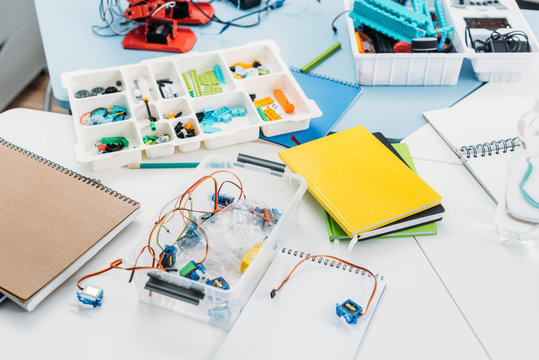 scattered school supplies in stem education class