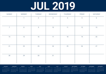July 2019 desk calendar vector illustration