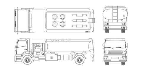 Air fuel truck in outline style. Front, side, top and back view. Maintenance of aircraft. Airfield transport. Tanker for airplane. Industrial blueprint