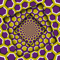 Abstract shifted frames with a moving yellow purple hexagons pattern. Optical illusion background.