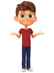 Character cartoon boy in red t-shirt shrugged. 3d rendering. Illustration for advertising.