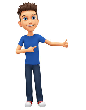 Character cartoon guy in blue t-shirt points to the thumb. 3d rendering.  Illustration for advertising. Stock Illustration | Adobe Stock