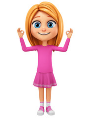 Character cartoon girl in a pink dress shows two okay on a white background. 3d rendering. Illustration for advertising.