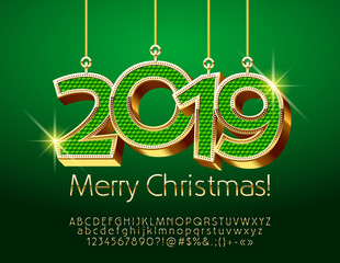Vector Greeting Card for Merry Christmas with shine Toys 2019. Golden slim Font.