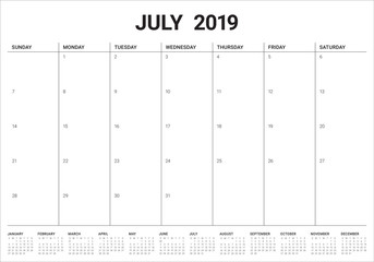 July 2019 desk calendar vector illustration