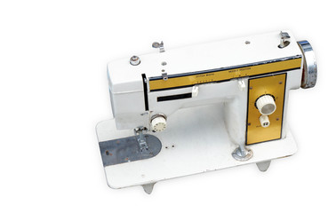 dicut white  and yellow Ancient Sewing Machine on white background,object,copy space