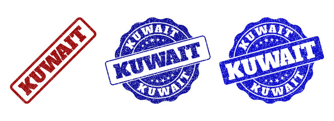 KUWAIT scratched stamp seals in red and blue colors. Vector KUWAIT labels with dirty texture. Graphic elements are rounded rectangles, rosettes, circles and text tags.